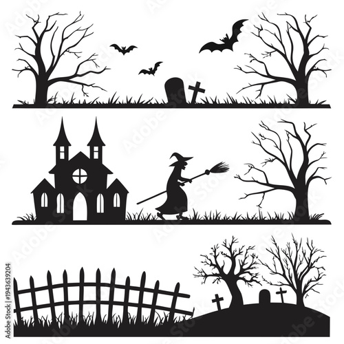 Halloween silhouette landscape with spooky haunted house bare trees witch on broom flying bats and creepy graveyard scene graphic element
