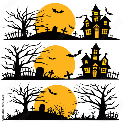 Spooky halloween cemetery landscapes with large yellow full moon glowing windows in haunted house dead trees bats and tombstones silhouettes borders