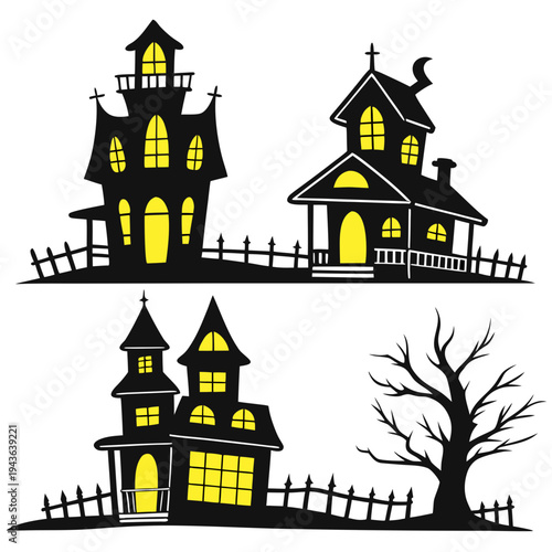 Haunted houses and spooky tree silhouettes with glowing windows on white background for Halloween celebration and scary night atmosphere