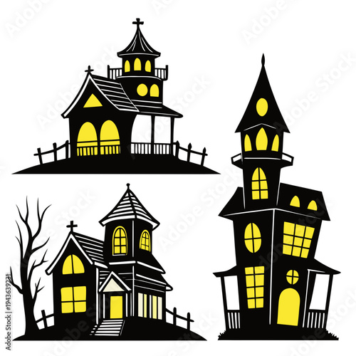 Photography Gothic haunted houses and dead trees with illuminated windows, creating terrifyi