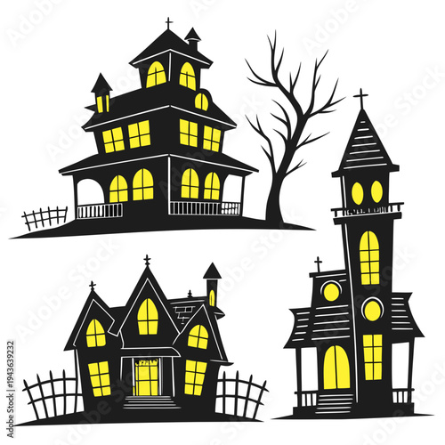 Various haunted architecture and bare trees with warm glowing windows on white background, perfect for Halloween spooky night themes and events