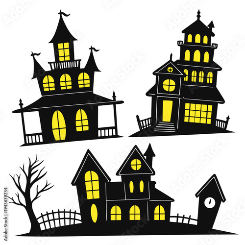 Collection of stylized haunted houses with illuminated windows and spooky bare tree for Halloween night, black vector silhouettes on white background
