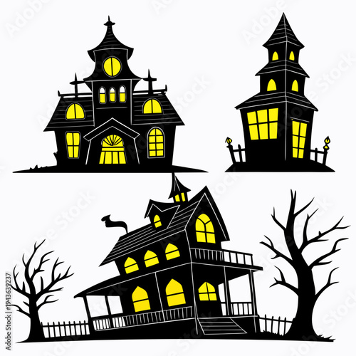 Set of dark haunted mansions and skeletal trees with illuminated windows creating eerie Halloween atmosphere, black silhouettes on white backdrop