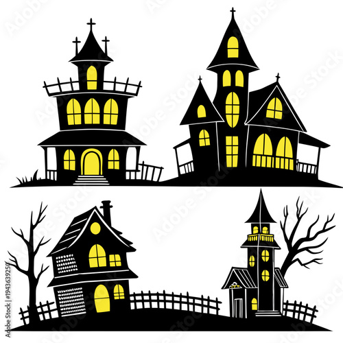 Haunted house silhouettes collection featuring different architectural styles with lit yellow windows and jagged wooden fences for festive themes