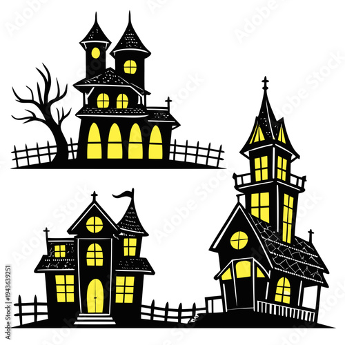Gothic haunted mansion silhouettes with glowing yellow lights and jagged fences creating a spooky atmosphere for halloween posters and invitations