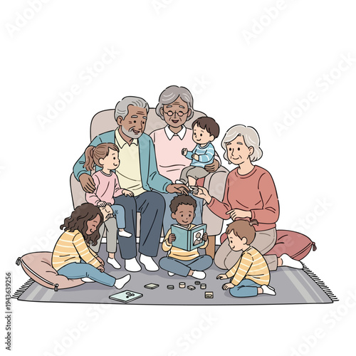 Diverse multigenerational family enjoys story time and games on a rug