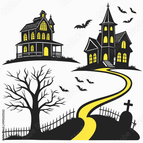 Spooky halloween landscape featuring haunted houses flying bats winding yellow road and cemetery with tombstone and dead tree on a white background