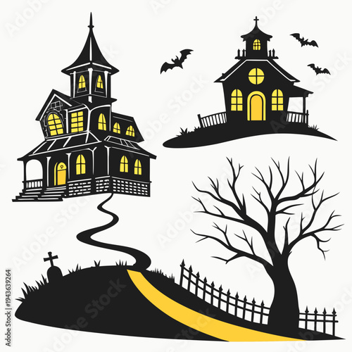 Set of four spooky halloween haunted house vector illustrations with yellow illuminated windows, creepy graveyard, and flying bats