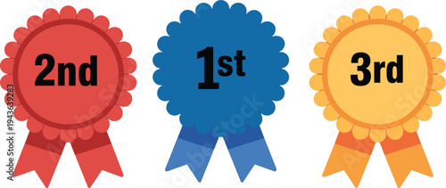 Award ribbon badges for first second and third place winners, colorful competition prize rosette icons isolated vector illustration