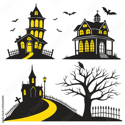 Set of four spooky halloween haunted house vector illustrations with yellow illuminated windows, creepy old graveyard, and flying bats