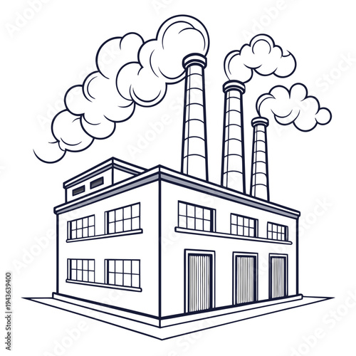 Industrial factory with three tall smokestacks releasing clouds of smoke vector illustration clean simple line art drawing cartoon style