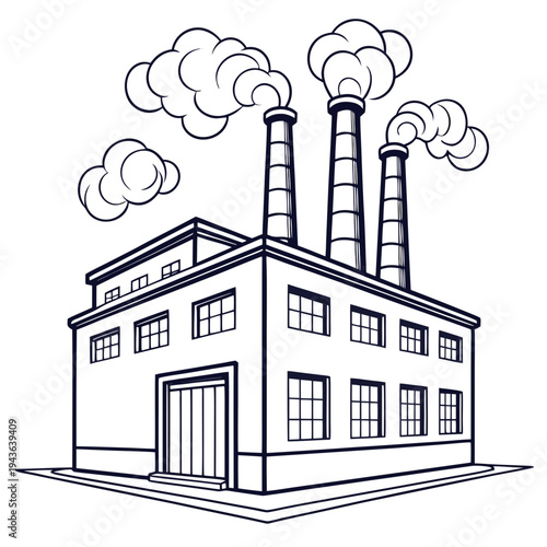 Modern industrial plant design featuring three tall stacks with thick smoke clouds and large metal doors in clean minimalist monochrome line drawing