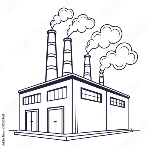Perspective view of large industrial warehouse with double entrance doors and series of smoking chimneys highlighting urban industry and productivity