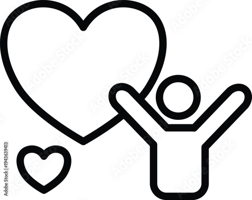 Minimal line icon of a person raising arms with a heart symbol, representing love, happiness, wellbeing, compassion, emotional support, and positive lifestyle in a simple outline style