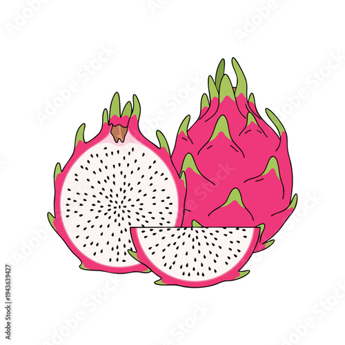 Vivid pink dragon fruit, sliced to reveal white flesh speckled with black seeds
