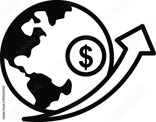 Minimal black line icon of a globe with a dollar symbol and rising arrow, representing global economy, international business growth, finance, and worldwide market expansion