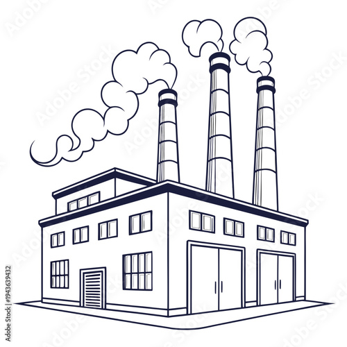 Industrial factory building with three smoking chimneys producing pollution in outline, air pollution from factory or plant