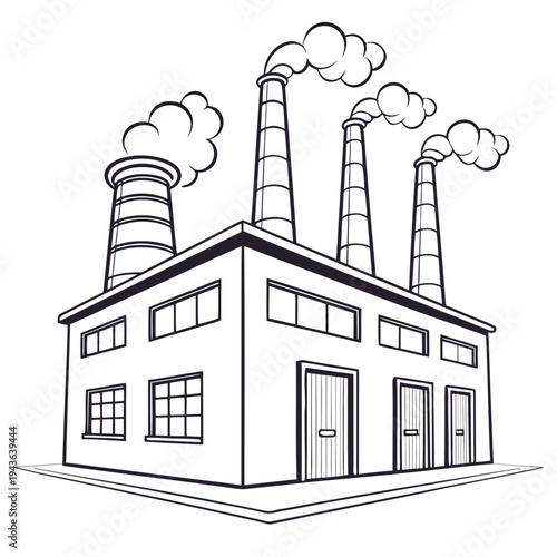 Industrial factory building with four smoking chimneys producing pollution in outline, air pollution from factory or plant