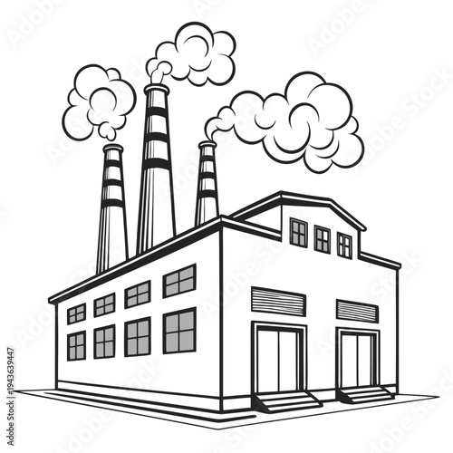 Industrial factory building with three smoking chimneys producing pollution in outline, air pollution from factory or plant