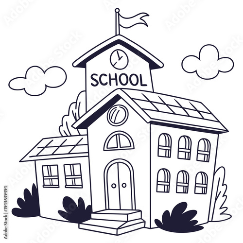 Educational facility sketch with clouds and solar panels on roof representing modern sustainable school architecture in a simple line art style