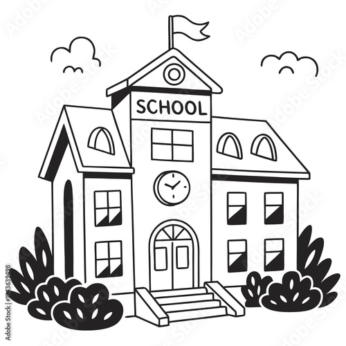 Symmetrical school facade drawing with central clock and flag feature ideal for coloring worksheets and educational site navigation icons or logos
