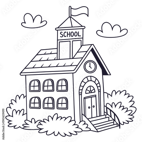 Whimsical school building illustration with stone archway and clock face surrounded by decorative clouds for creative children education projects