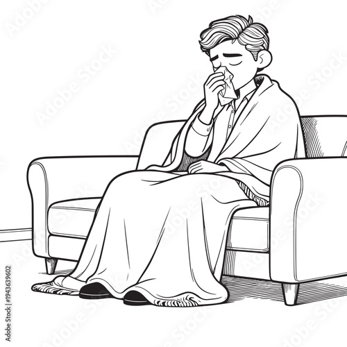 Sick Man Resting on Sofa Feeling Fever and Fatigue