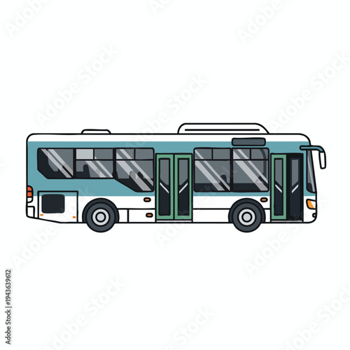 Simple cartoon drawing of a white and teal bus with dark windows