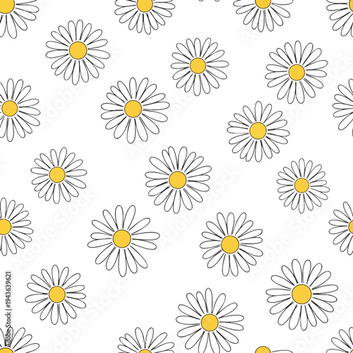 A repeating pattern of simple daisies with white petals and yellow centers on a white background