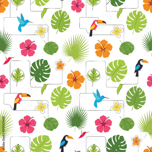 Tropical paradise pattern with toucans, hummingbirds, and exotic flowers