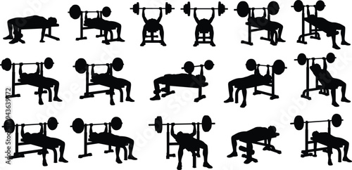 Bench press and weightlifting exercise silhouettes collection, gym workout strength training poses with barbell equipment fitness athlete vector illustration set