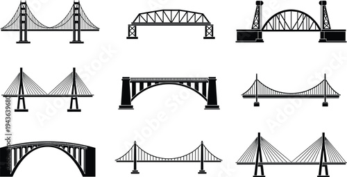 Bridge silhouettes collection, suspension, arch and cable stayed bridge structures icons set, transportation architecture vector illustration isolated on white