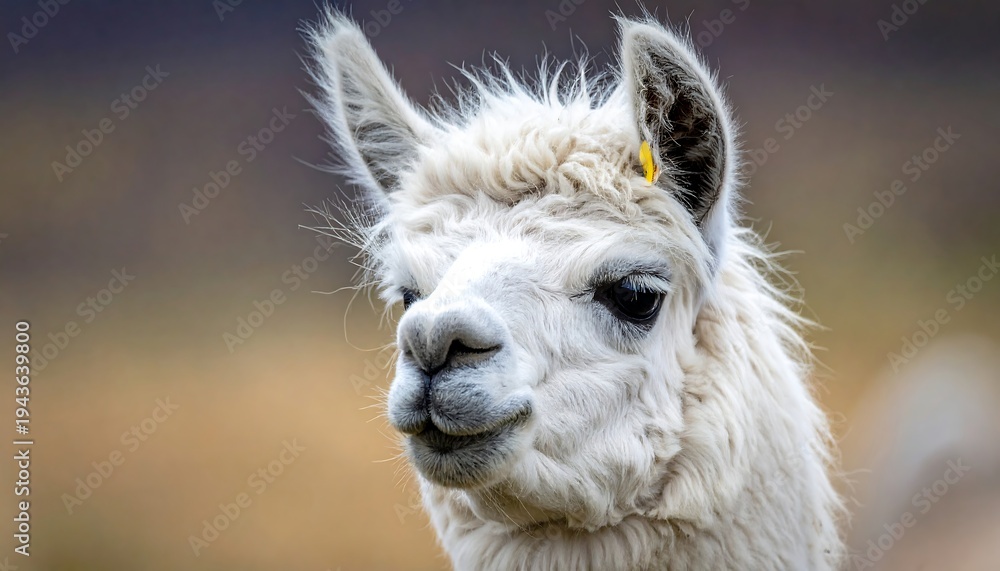 Naklejka premium Close-up of a fluffy white llama, looking alert, with blurred background