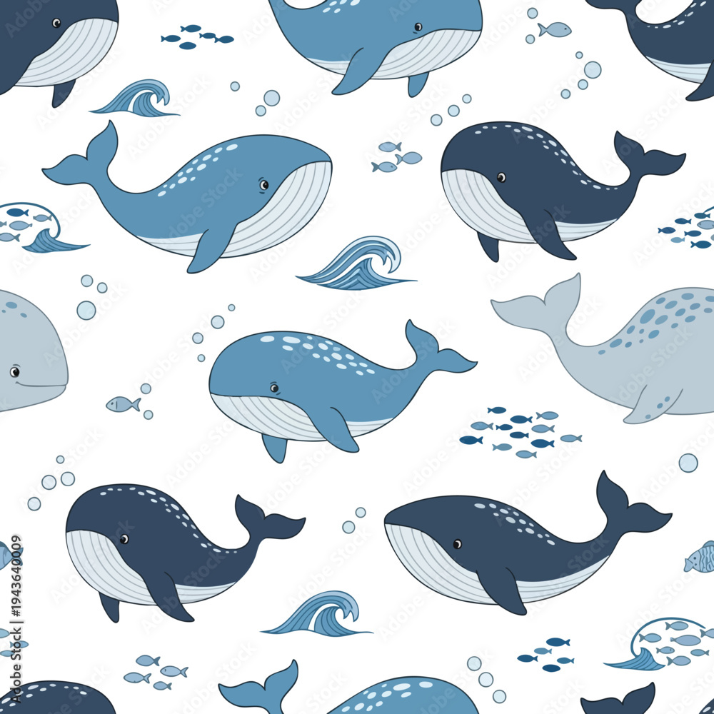 Fototapeta premium Seamless pattern of cartoon whales and fish swimming in blue waves