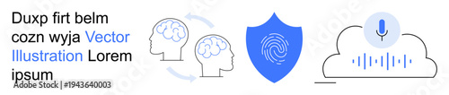 Artificial intelligence, data security, biometric authentication, neuroscience, cloud computing, voice technology. Brain diagram, shield with fingerprint voice in cloud. Artificial intelligence
