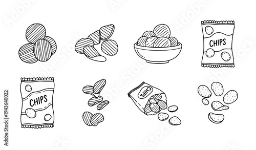 Crispy potato chips doodle icon set hand drawn snack outline symbols line clipart vector illustration