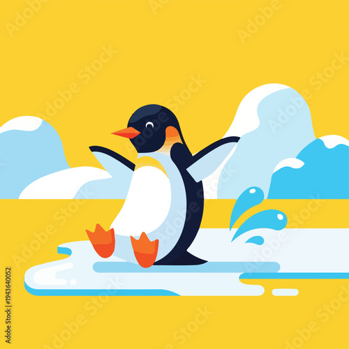 Playful penguin on an ice floe amidst snow and water splashes