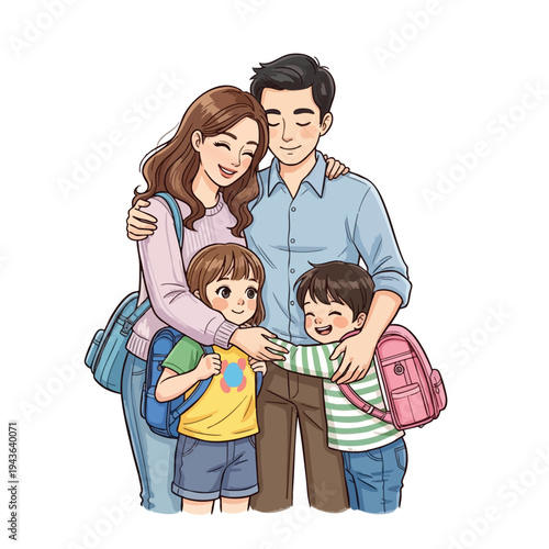 A warm family embraces, ready for adventures with backpacks