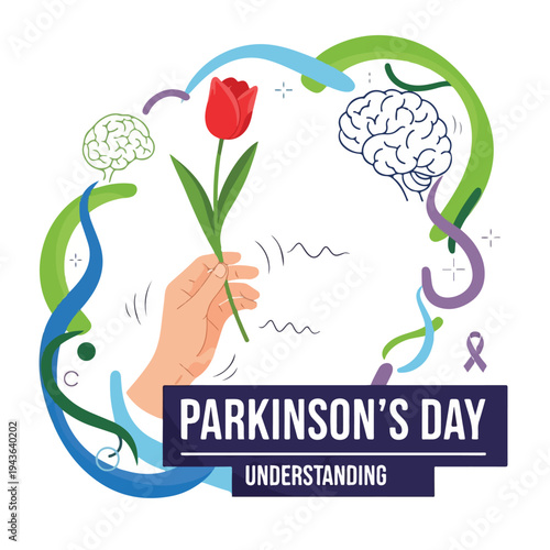 Stylized hand holding tulip, surrounded by brains, ribbons, and text