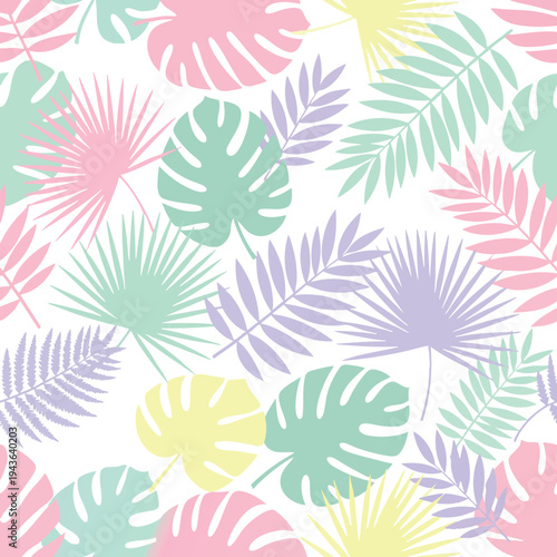 Soft pastel tropical foliage pattern on a white background