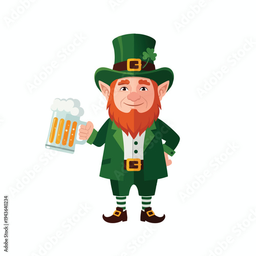 Smiling leprechaun in green suit holds frothy beer mug, shamrock on hat