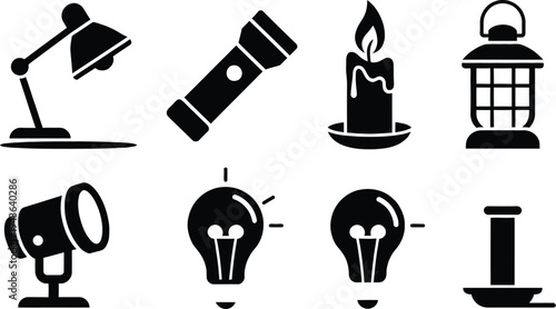 Set of 8 light icons vector, black and white