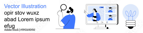 Virtual education, online teaching, distance learning, brainstorming, creativity, digital tools. Person with magnifier, video call with participants light bulb. Online teaching and creativity