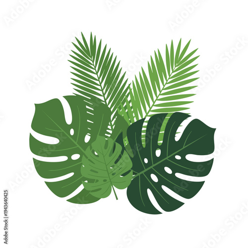 A vibrant arrangement of green monstera and palm leaves on a white background
