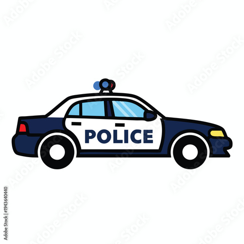 Stylized, cartoonish police car in dark blue, white, and black