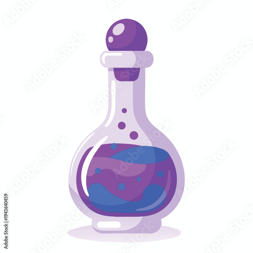 Small glass vial with purple stopper contains swirling purple and blue liquid with bubbles