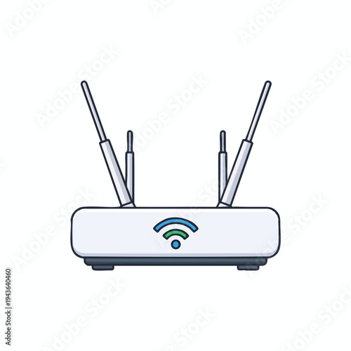 A white wireless router with two antennas and a Wi-Fi signal icon