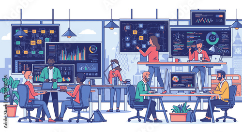 Illustration of a diverse team collaborating in a modern office with multiple workstations and screens displaying data visualizations and graphs in a vibrant color scheme.