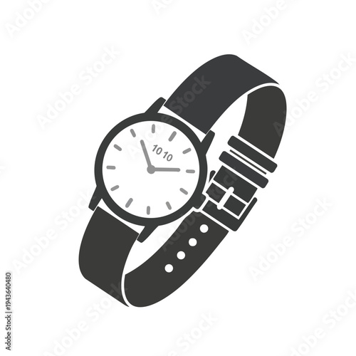 A monochrome illustration of a wristwatch with a dark band and a white face showing 1010