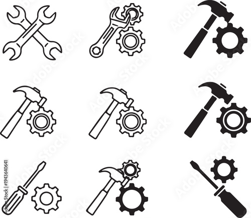 Collection of tools and gears in various line styles